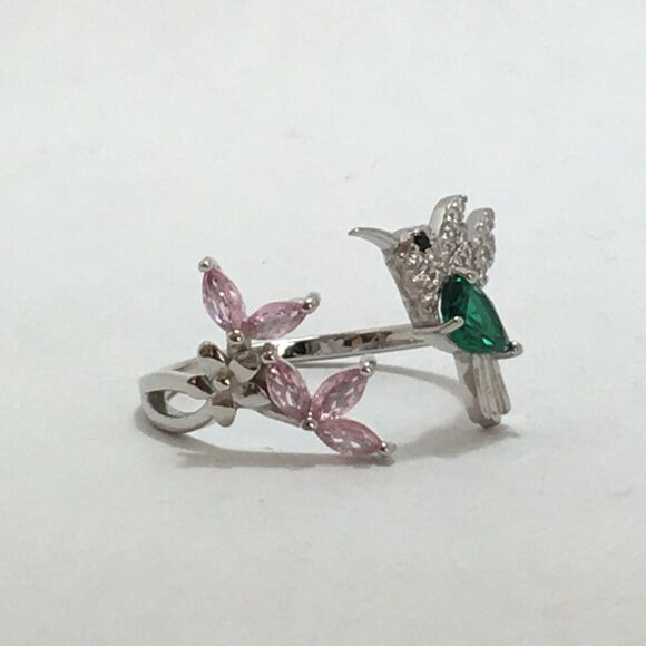 Sterling Silver Hummingbird Ring Adjustable Size 7 CZ Pink Flowers Green Body - Picture 13 of 16